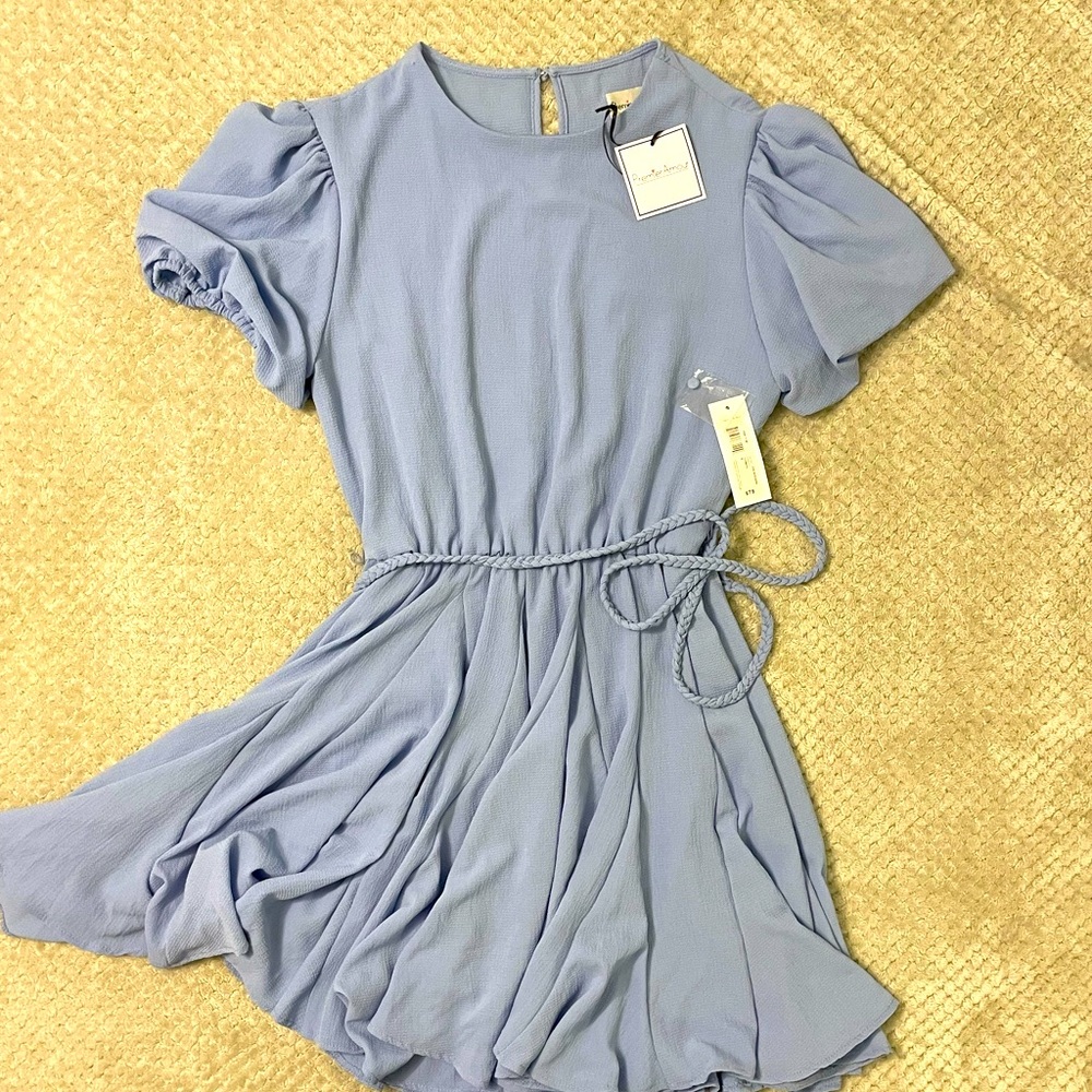Premier Adore Chambray pastel blue, fit & flare flowy dress. braided waist  NWT